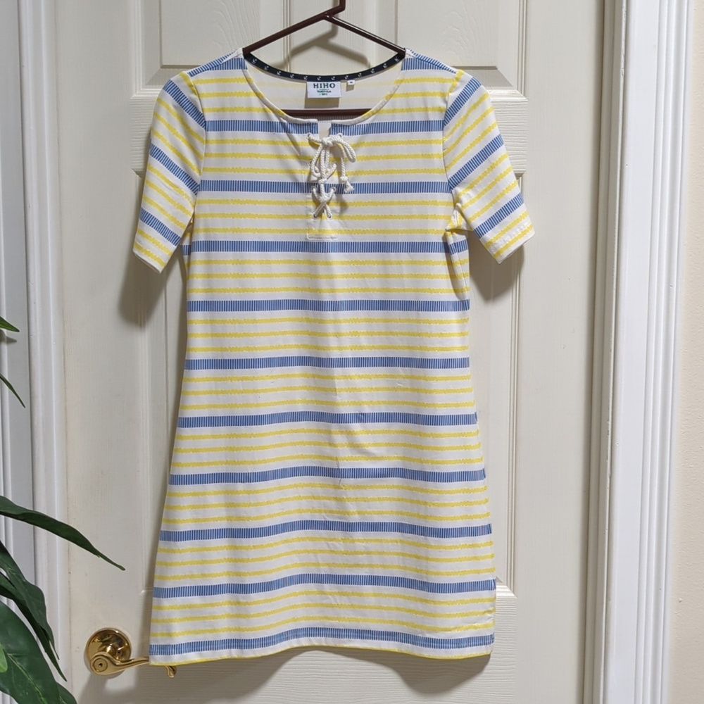 HIHO Women's Striped T-Shirt Dress w/Rope Tie Front Knee Length Size Medium